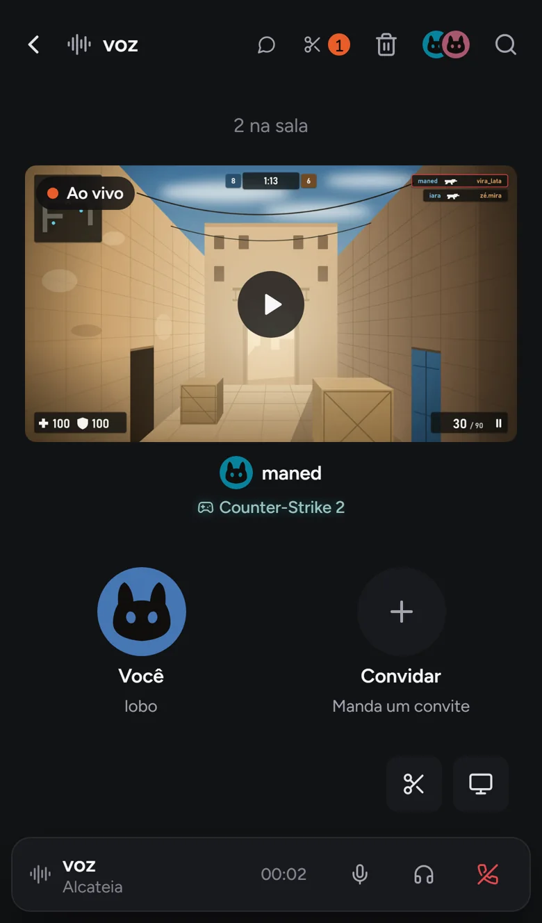 Uma sala no celular, com a tela do maned ao vivo e a call embaixo.